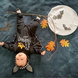Infant Black Halloween Bat Romper with Orange Accent